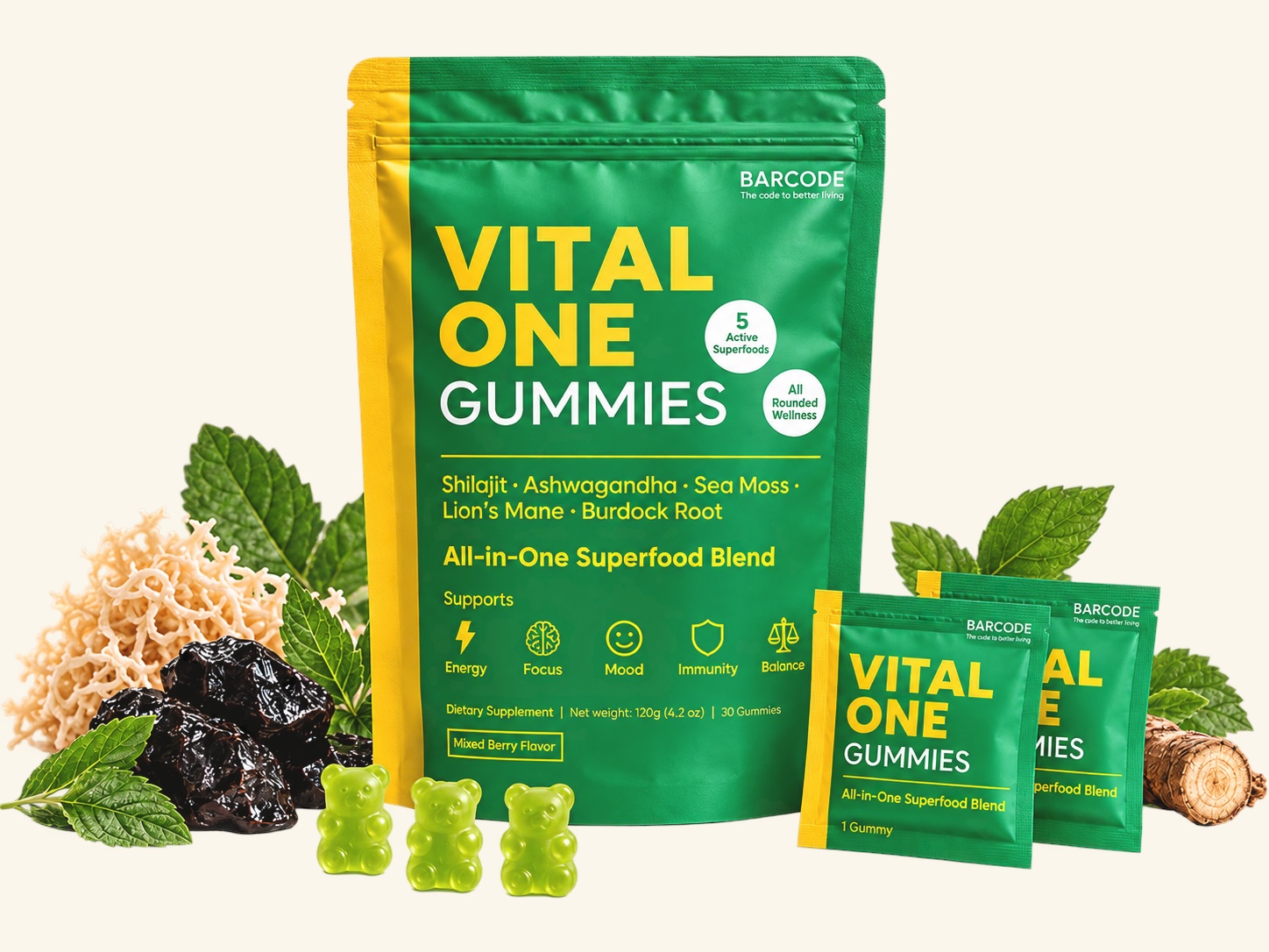 BARCODE Vital One Gummies all-in-one superfood blend pouch with single-serve sachets, gummies and superfood ingredients