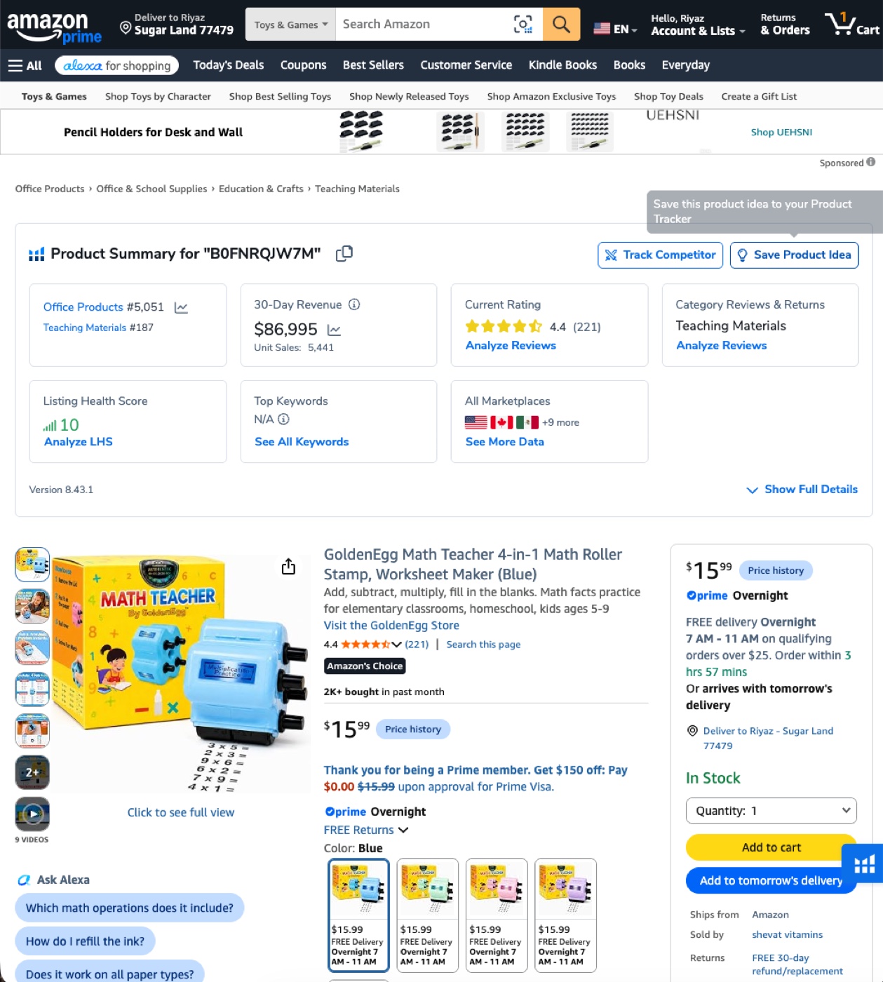 Third-party analytics product summary for the GoldenEgg Math Teacher 4-in-1 Roller Stamp on Amazon, showing $86,995 in 30-day revenue, 5,441 unit sales and a 4.4 star rating